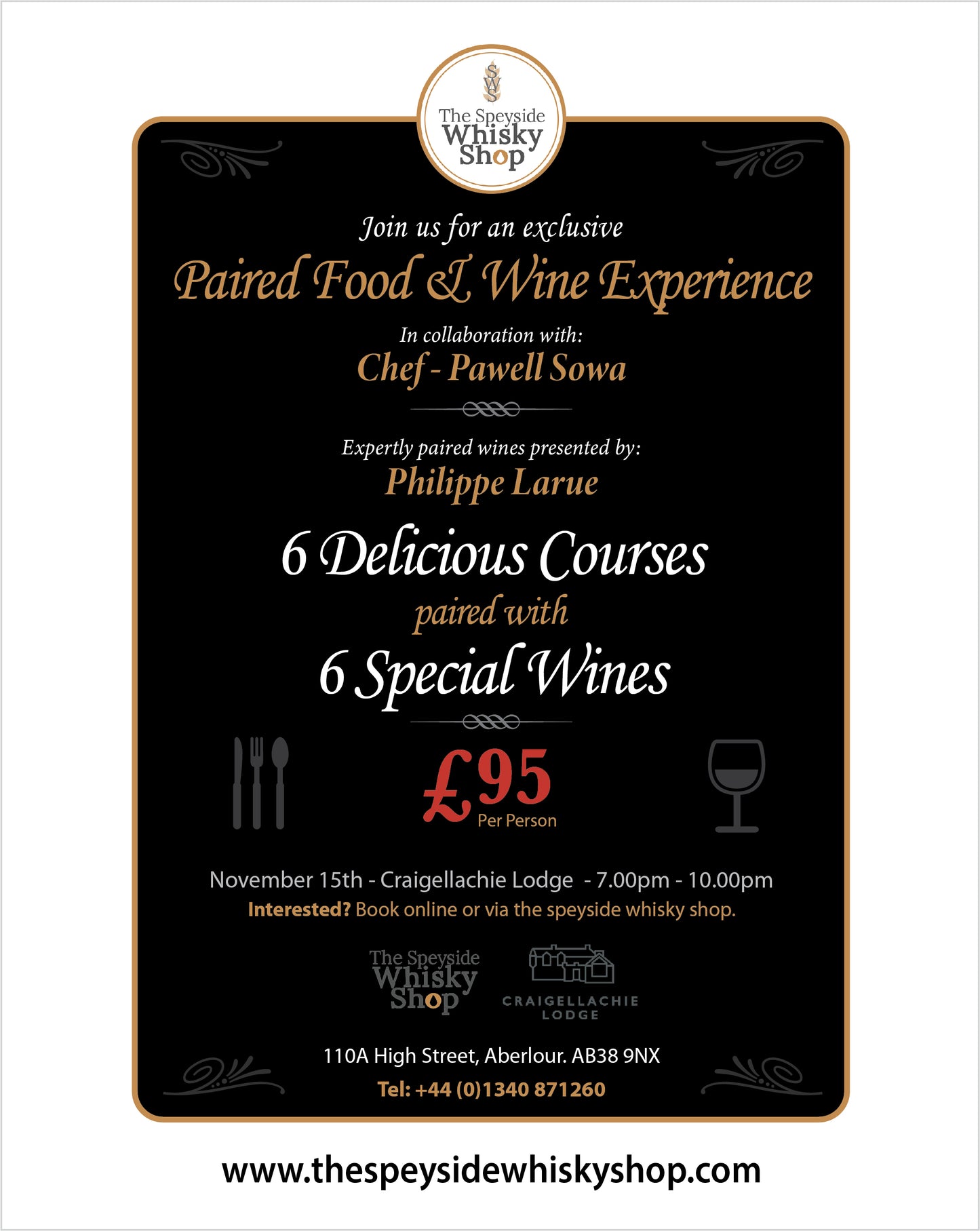 Paired Food & Wine Experience - Craigellachie Lodge - 15/11/24